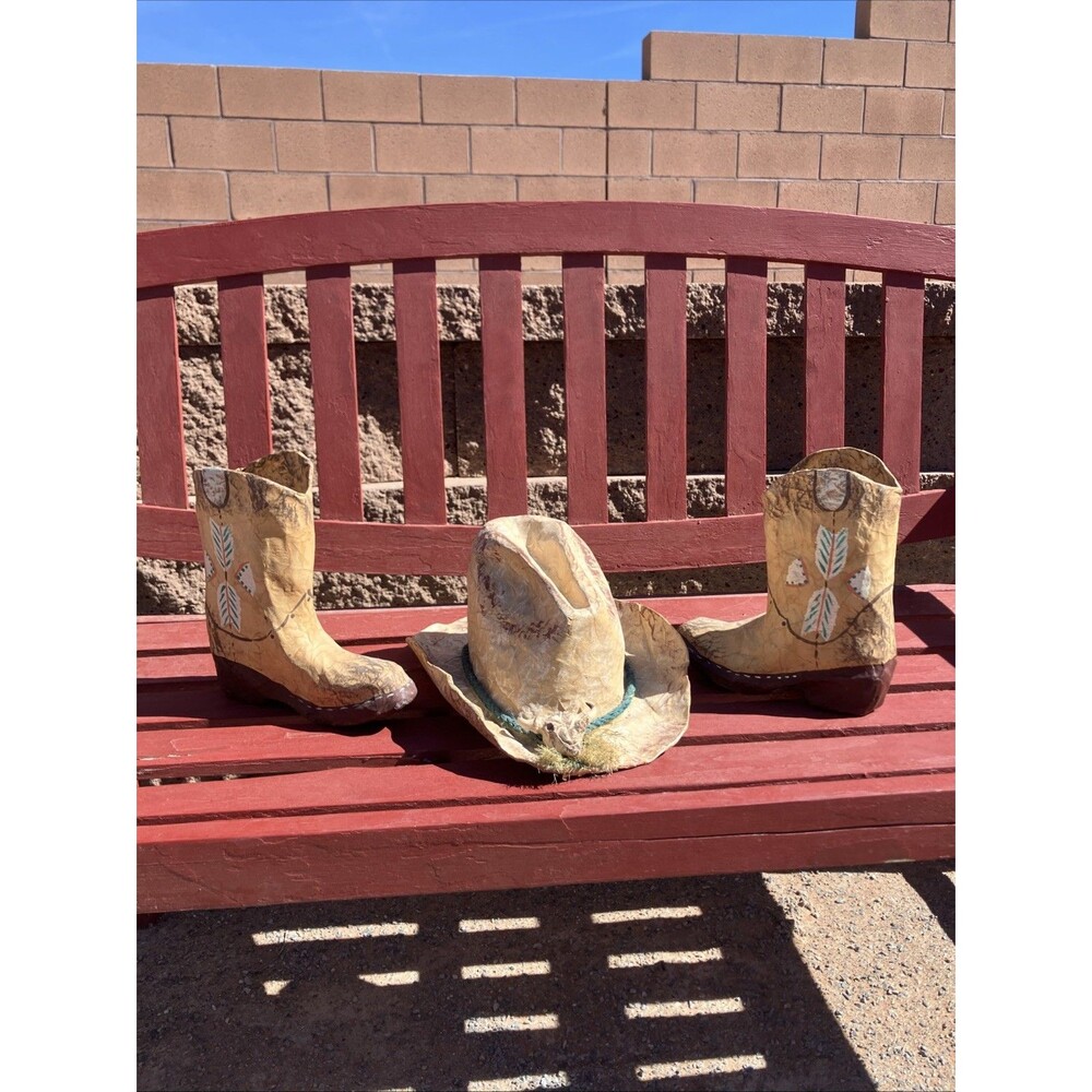 Hand painted Southwestern Cowboy Paper Mache Cowboy Hat & Boots Home Decor